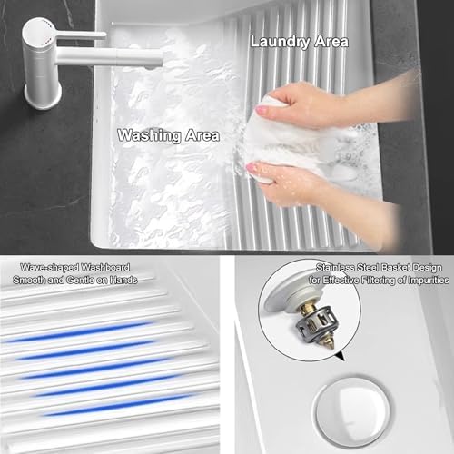 Undermount Ceramic Laundry Sink with Washboard & Faucet - Rectangular Vanity Sink for Bathroom, 47x47x22cm (18.5x18.5x8.7in) - Overflow Design, Ideal for Laundry & Lavatories
