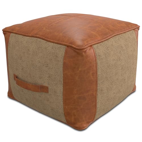 SIMPLIHOME Atkinson Boho Square Pouf in Tan Genuine Leather for the Living Room, Bedroom and Kids Room