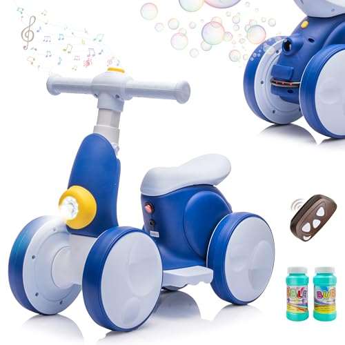 JoyRydz 6V Electric Baby Balance Bike with Bubble Machine,4 in 1 Toddler Balance Bike w/Remote Control for 1 Year Old Boys Girls Kids Bubble Bike Ride on Toys w/Powered Motor,Music,LED Lights (Blue)