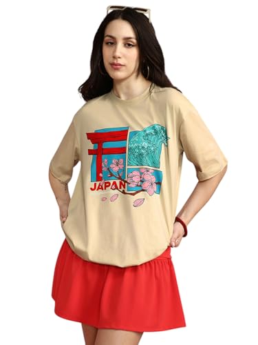 Image of JUNEBERRY 100% Pure Cotton Oversized Loose Fit Half Sleeve Cool Front Chest Graphic Printed Round Neck Drop Shoulder T-Shirt for Women S to 2XL