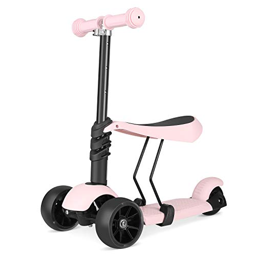 BAMNY Trottinette Enfant, Réglable à 3 Roues Trottinette avec Siège Amovible et Réglable, Toddlers 3-en-1, Roues Lumineuses à Del pour Garçons de 2 à Ans (Rose)