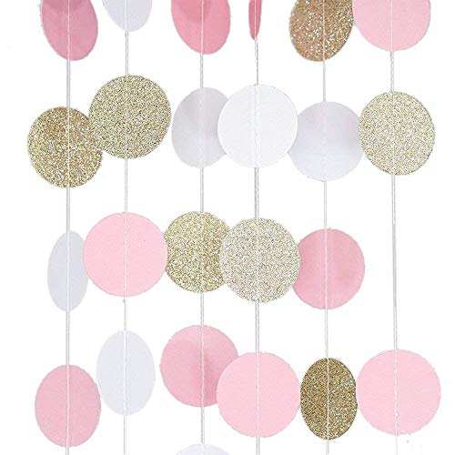 FOGAWA 5pcs Guirlande en Papier à Paillettes Rond Guirlandes Papier Decorative 15 Mètres à Suspendre pour Décor Mariage Anniversaire Chambre Couleur Rose Or Blanc