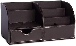 Faux Leather Desk Organiser | Office Tidy for Stationery & Accessories | Pen & Pencil Organisation | 5 Compartment & Drawer for Desk | Pukkr (Brown)