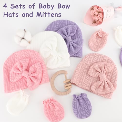 Image of BQUBO Newborn Baby Hats Bear Ears and Mittens Sets Preemie Caps Baby Boy Girl Infant Hospital Beanie for 0-3 Months