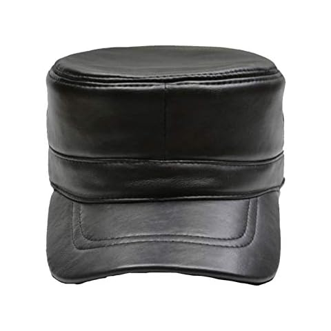 Yosang Men's Vintage Genuine Leather Military Cadet Cap Army Style Adjustable Black Hats Cover