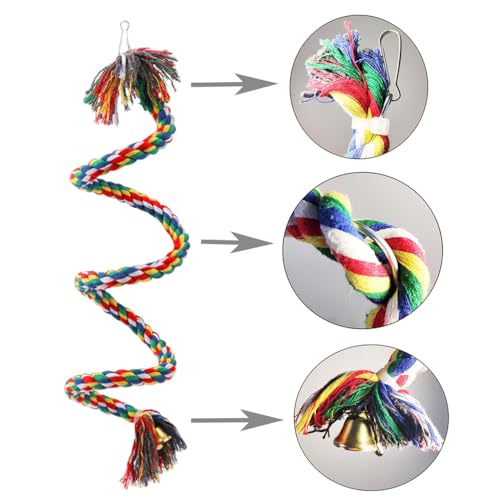 Image of ZIBUYU Birds & Parrot Toy - Rope Perch, Swing & Bungee Climbing Set with Steel Core, Food-Safe & Natural Colors, Chewing, Exercise & Play for Parrot, Cockatiels, Parakeets, (Length1m with Bell)