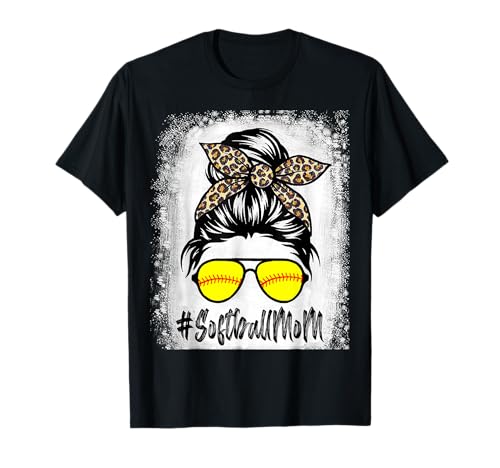 Bleached Softball Mom Life With Leopard and Messy Bun Player T-Shirt