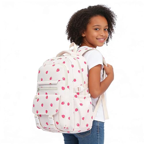 Image of High Middle School Backpack for Girls Travel Kawaii Laptop Kids Bookbag, Strawberry Beige