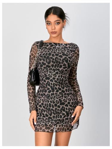 WDIRARA Women's Y2k Leopard Print Dress Mesh Bell Long Sleeve Backless Mini Dresses - Image 3