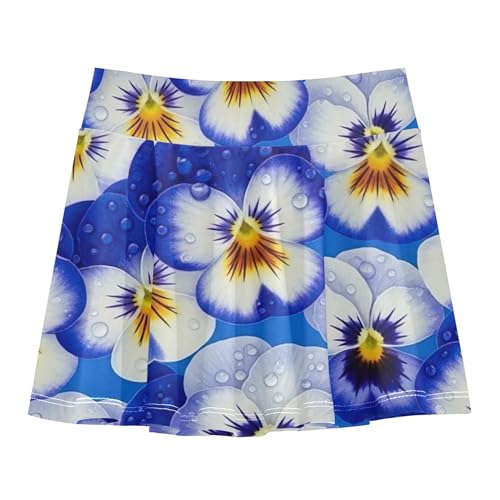 Athletic Shorts Girls Skorts Blue White Pansy Flowers Skirts with Shorts Floral Girl Skort 3t