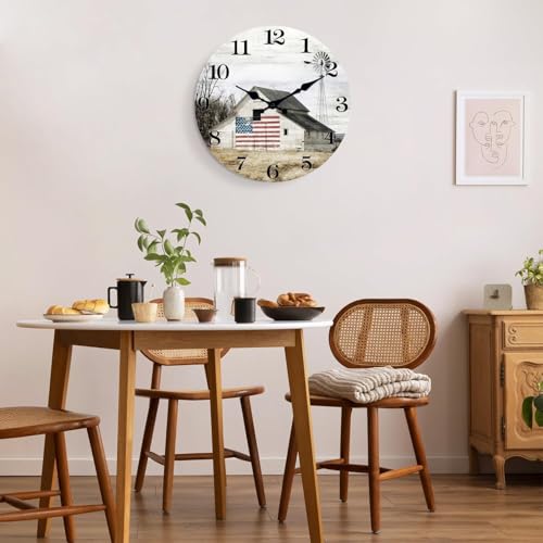 Image of XFM Farmhouse Wall Clocks Battery Operated 12 Inch Silent Rustic Barn | Vintage Wooden Country Round Analog Clock American Flag Decorative for Kitchen Bedroom Living Room Non-Ticking