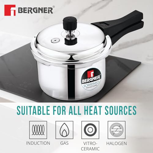 Image of Bergner Sorrento Stainless Steel 1.5 Litres Outer Lid Pressure Cooker, Mini Pressure Cooker, Easy Open and Close Lid, Healthy Cooking, Easy to Clean - Induction Bottom and Gas Stove Ready