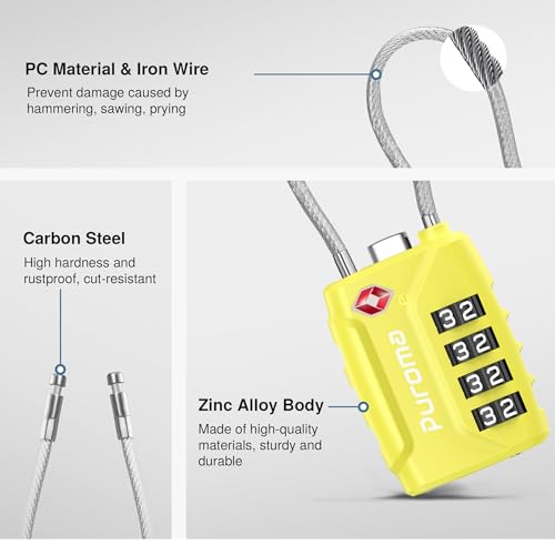 Image of Puroma TSA Approved Luggage Lock, 4 Digit Combination Travel Locks Resettable Code Lock with Zinc Alloy Body for Suitcase, Toolbox, Backpack, Bag, Gym Locker, Yellow, Modern