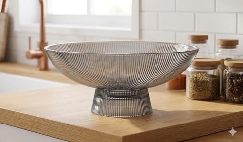 Image of Modern Ribbed Glass Fruit Bowl with Pedestal Stand 10 Inch Set of 1, Luxury Fluted Glassware Pedestal Bowl for Fruit, Salads, Decor (Black Color)