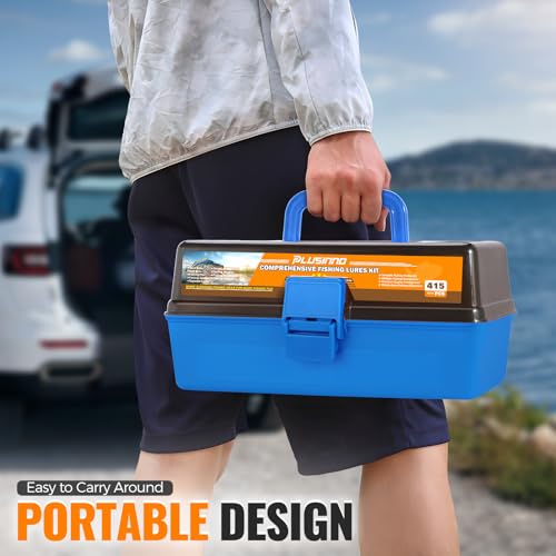 Image of PLUSINNO Large 3 Layers Fishing Tackle Box with Tackle Included, 415Pcs Fishing Lures Kit Contains Pliers, Crankbait, Weights, Accessories, Portable Fishing Gear Gifts for Men Starter Kits Bass Trout