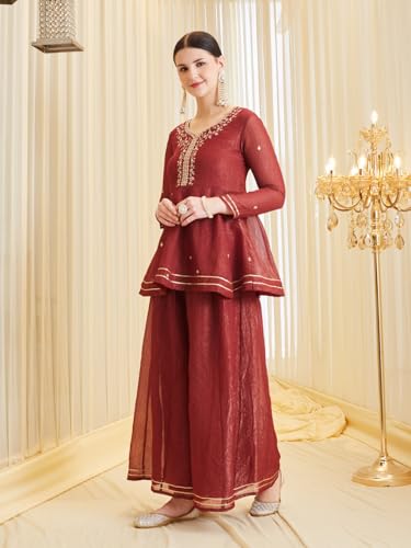 Image of MOKOSH Women's Silk Embroidery Peplum Kurta Sharara with Dupatta | Anarkali Kurta Set | Sweetheart Neck Full Sleeve Ethnic Suit | 3 Piece Outfit | Indian Kurta Outfit With Sharara