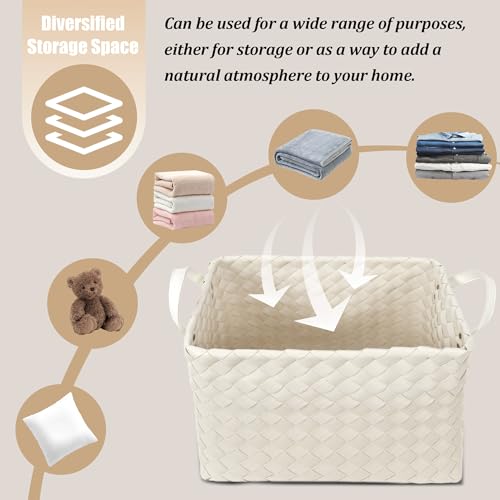 Image of Handwoven Clothes Basket Laundry Hampers Large Wicker Storage Baskets for Shelves Blankets Closet Storage Bins Car Bedroom Bathroom Organizers and Storage Bath (Pack of 4, Ivory)