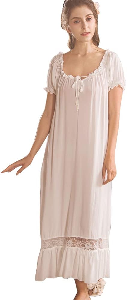 FlwydranWomen White Nightdress,Short Sleeve Vintage Nightgown Victorian Sleepwear Lounge Dress