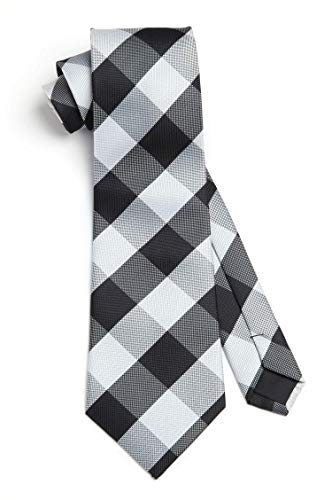 HISDERN Plaid Tie Handkerchief Woven Classic Stripe Men's Necktie & Pocket Square Set (Black & White)