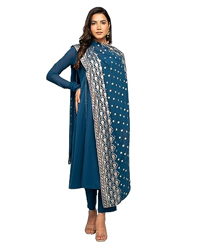 Image of FIORRA Women's Teal Blue Crepe A-line Kurta with Pant and Dupatta
