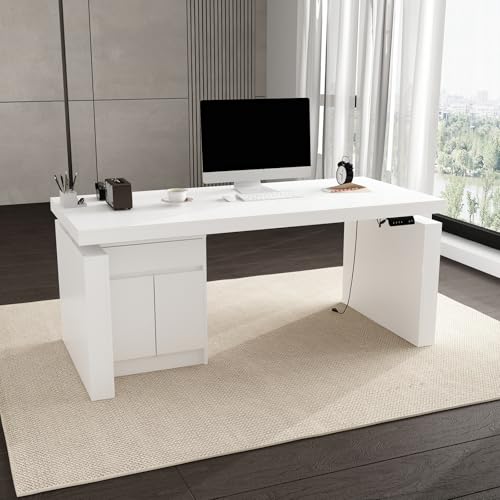 Image of FUFU&GAGA 70.9 inch Large Standing Desk with Drawer, Electric Height Adjustable Desk with File Cabinet, Executive Computer Table, Sit Stand Desks, for Home Office, White, 70.9 inchW x 31.6 inchD x 29.5 inch-44 inchH