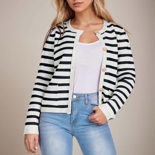 Women's Striped Cardigan Sweaters Gold Button Long Sleeve Crewneck Cardigans Casual Knit Sweater Jacket Coat with Pockets2