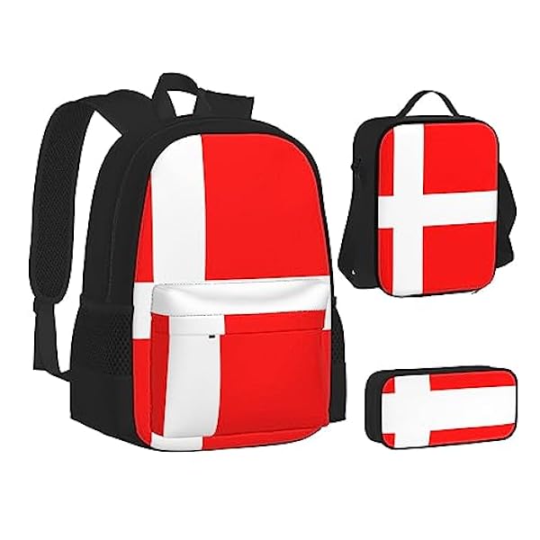TEMKIN Denemarken Deense Vlag Gedrukt Laptop Rugzak Voor Vrouwen Mannen Met Bento Lunch Tas Potlood Pouch Box 3 stks Rugzakken Sets, Zwart, Eén maat
