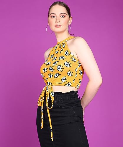 Image of POPWINGS Women Casual Yellow Eye Printed Sleeveless Halter Neck String Knot Crop Top | Women Tops | Women Regular Tops | Women Tops | Women Stylish Tops