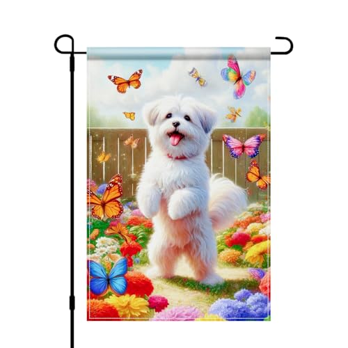 BlissYard Spring Summer Maltese Dog Garden Flag 12x18 Double Sided Vertical Burlap Garden Flag Decor Butterfly Flower Maltese Puppy Outdoor Yard Lawn Banner Colorful Seasonal Display for Home