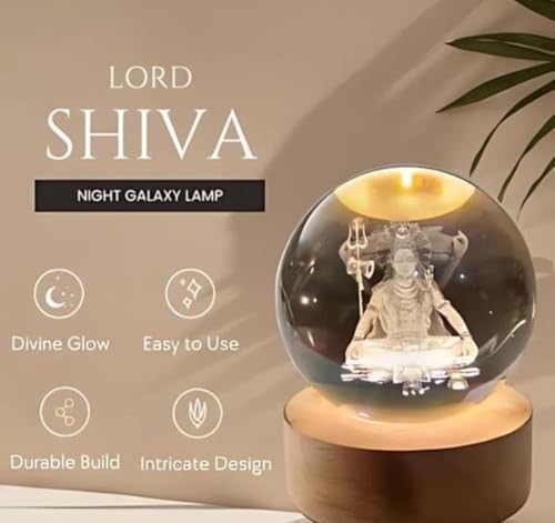 Image of STARKENDY 3D Mahadev Crystal Ball LED Night Lamp, Creative Engraved Night Light Wooden Base, Warm White Decorative Table Lamp for Home, Office, Bedroom, Birthday Gift