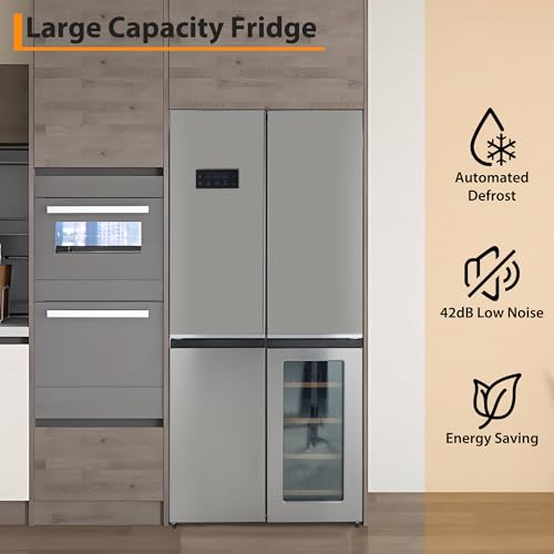 36 Inch Refrigerator and Freezer, 21 Cu. Ft Counter Depth Fridge French Door Refrigerator with Wine Cooler, 4-Door Fridge with Automated Defrost & Touch Screen, Interior LED Light