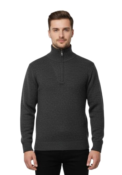 Men's Half Zip Sweater, Charcoal Grey, Ribbed Knit, High Neck Pullover | Size : M-picture-47