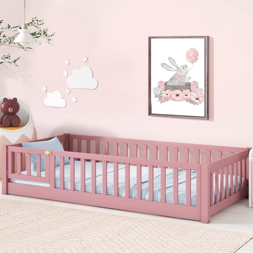 Tatub Twin Floor Bed with Rails and Door and Slats, Wood Kids Montessori Floor Bed Frame for Girls...