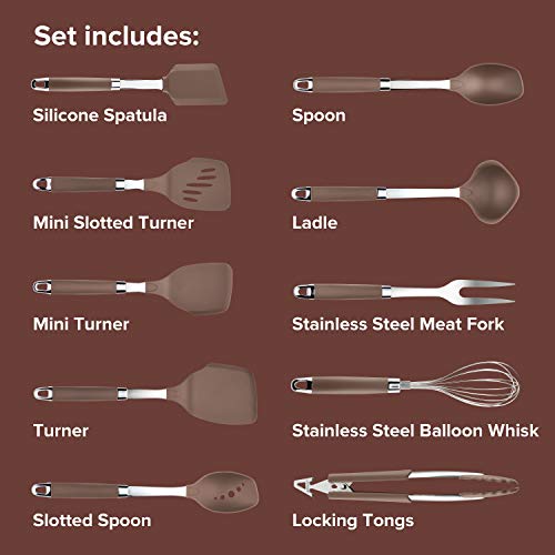 Anolon Tools Set/Nonstick Nylon Cooking Utensils/Kitchen Gadgets Includes Spoons, Turners, Ladle, Meat Fork, Whisk, and Locking Tongs, 10 Piece, Bronze