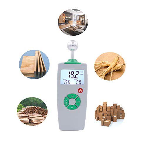 Foto von Holz-Feuchtigkeitsmesser, CD-200, digitaler Feuchtigkeitsmesser, Feuchtigkeitstester, hintergrundbeleuchtetes LCD-Display mit Kugelsonde, Messung von Holz, Baugerät, Brennholz, Wände, Papierboden