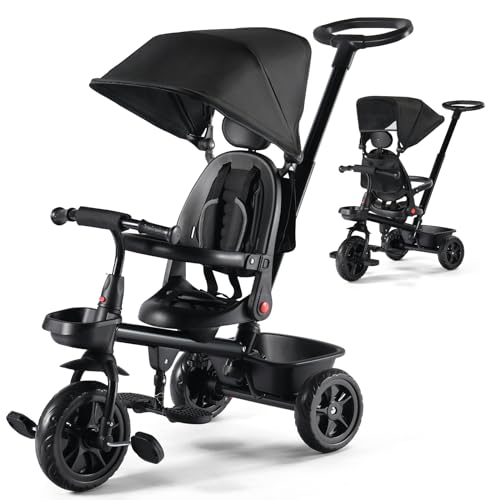 Image of Kinder King Kids Tricycle, 6 in 1 Toddler Trike w/Adjustable Push Handle, Rotatable Seat, Adjustable Canopy, Safety Harness, Storage, Toddler Stroller Bike for 6 Months+,Black