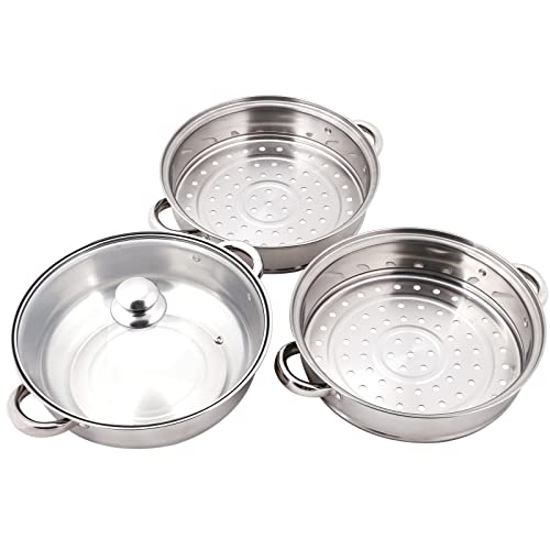 GLJTUO Juego De Ollas Vaporeras De 3 Niveles, Olla De 28 Cm De Acero Inoxidable con Tapa De Vidrio, Vaporera para Verduras, Mariscos, Vaporera De Metal, Apta para Estufa,