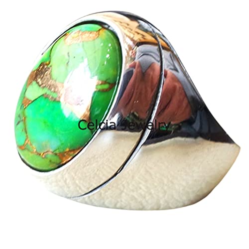 Anillo pesado de piedra preciosa enorme turquesa de cobre verde, plata de ley 925 maciza, anillo de boda, anillo de promesa de sello de compromiso, anillo de declaración
