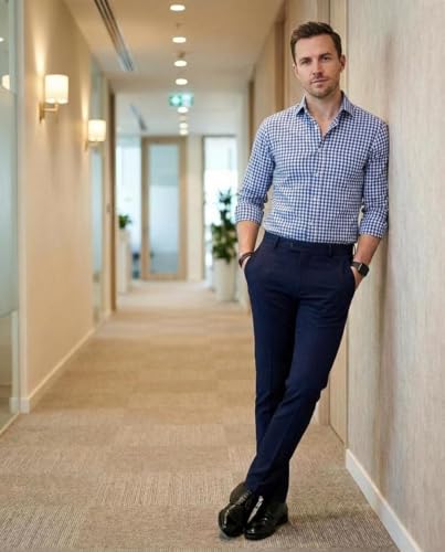 Image of Anand Stylish Slim Fit Men's Wear Stretchable Formal Trousers -AI CRD MT Blue L