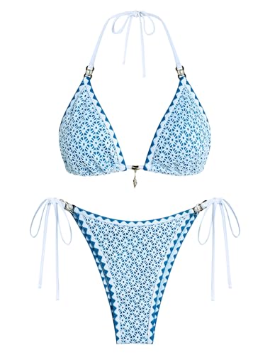 Image of ZAFUL 2 Piece Halter Bikini Sets Hollow Out Triangle Bikini for Women Sexy Bathing Suit High Waisted Side Tie Swimsuits