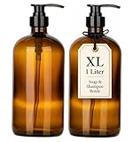 32 Ounce Glass Pump Dispenser Bottle, Large Amber Container with Pump for Shower and Bath Shampoo Soap Conditioner Lotion - 1 Liter Shower Bottles- by Kitchentoolz