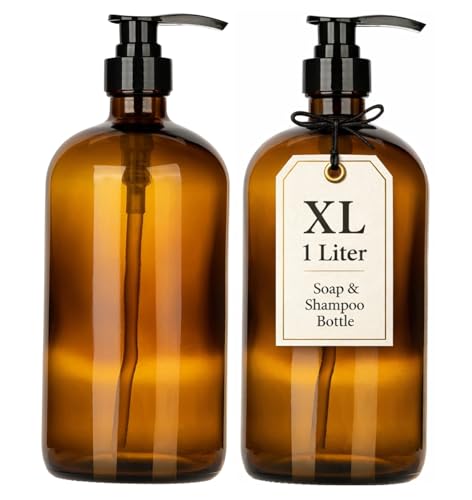 32 Ounce Glass Shampoo and Conditioner Dispenser Bottle with Pump, Shower - 1 Liter Body Wash Dispenser for Shower- by Kitchentoolz