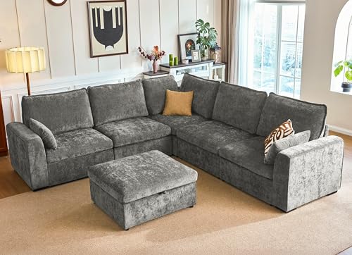 Image of 120.1'' Oversized Modular Sectional Sofa Plush Cloud Couch with Storage, Convertible Deep L-Shaped Sofa Set for Living Room, 6-Seater with Corner and Ottoman, Chenille, Grey
