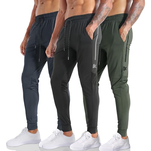 BROKIG Men's Lightweight Athletic Gym Jogger Pants, Stretch Quick Dry Workout Running Sweat Pants with Zipper Pockets