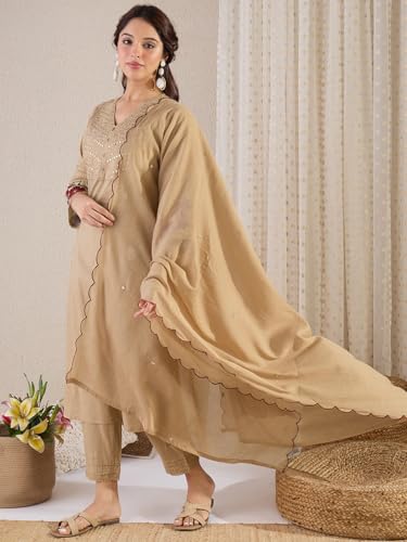 Image of INDO ERA Women's Straight Pure Cotton Floral Embroidered Kurta & Pant with Dupatta Set (IESTR10171)