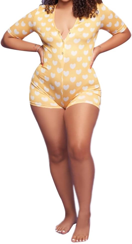 Women One Piece Bodysuit Pajama V Neck Long Sleeve Shorts Jumpsuit Button Bodycon Rompers Overall - Image 2