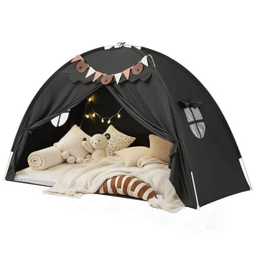 Twin Bed Tent, Bed Canopy Bunk Bed Tent with Stars Light & Flags, Blackout Breathable Sleeping Tent, Privacy Space Dream Playhouse for Indoor Floor, Portable Foldable Play Tent with Storage Bag, Black