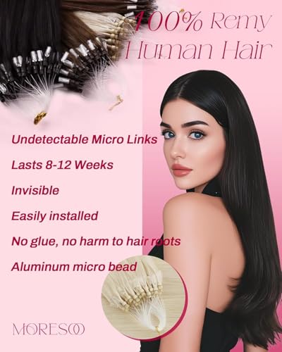 Image of Moresoo Micro Link Hair Extensions Human Hair, Platinum Blonde, 18 Inch | 50g 50 strands, individual strand extensions, cool platinum tone, buildable volume, travel, party styling, natural movement