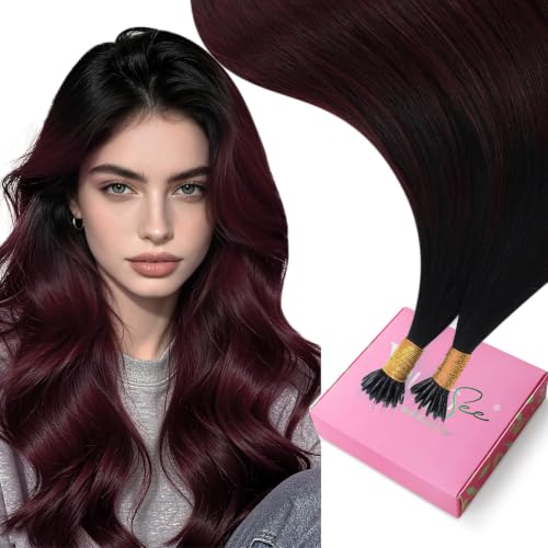 Image of YoungSee Nano Tip Hair Extensions Black Ombre Dark Red 20 Inch Nano Human Hair Extensions Black to Deep Wine Red Nanobead Hair Extension Human Hair Colorful Hair for Role Playing 25 Strands 25g