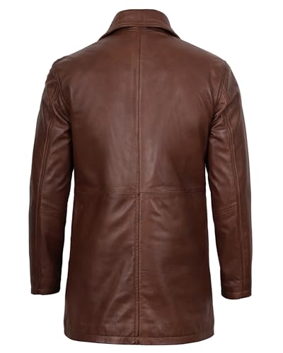 Image of Blingsoul Men Leather Coat, Long Leather Jacket Mens | Real Lambskin Leather, Mid-Length Cut, Lapel Collar, Concealed Buttons, Fully Lined, Wind Resistant,